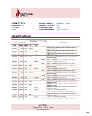 Download Austria BAWAG PSK bank statement excel Photoshop template